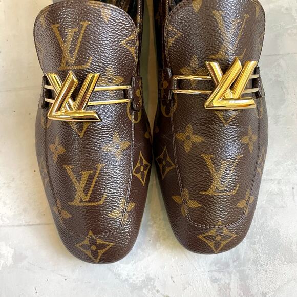 Louis Vuitton Brown Monogram Loafers with Gold Accent - Picture 9 of 12
